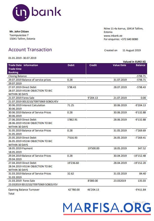 Blank Estonia Inbank bank statement word example